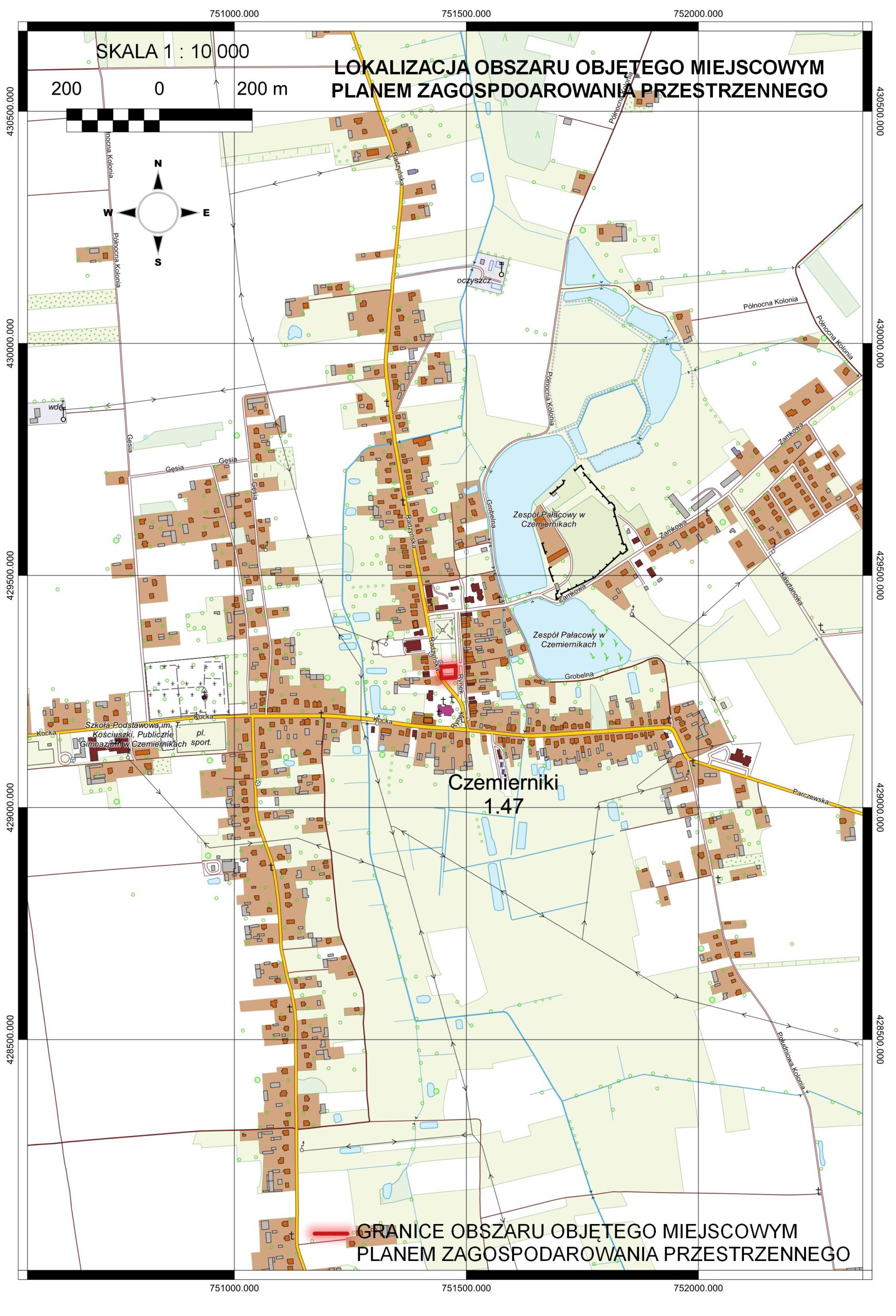 Grafika przedstawia mapę miejscowości Czemierniki z zaznaczonym obszarem objętym miejscowym planem zagospodarowania