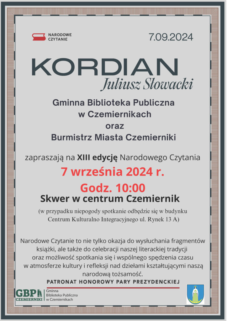 Plakat Narodowe Czytanie 2024 - 7 września 2024 r. o godzinie 10 w centrum Czemiernik