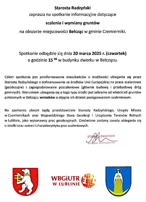 Zdjęcie przedstawia tekst zaproszenia oraz logo Powiatu Radzyńskiego, WBGiUTE w Lublinie oraz Gminy Czemierniki