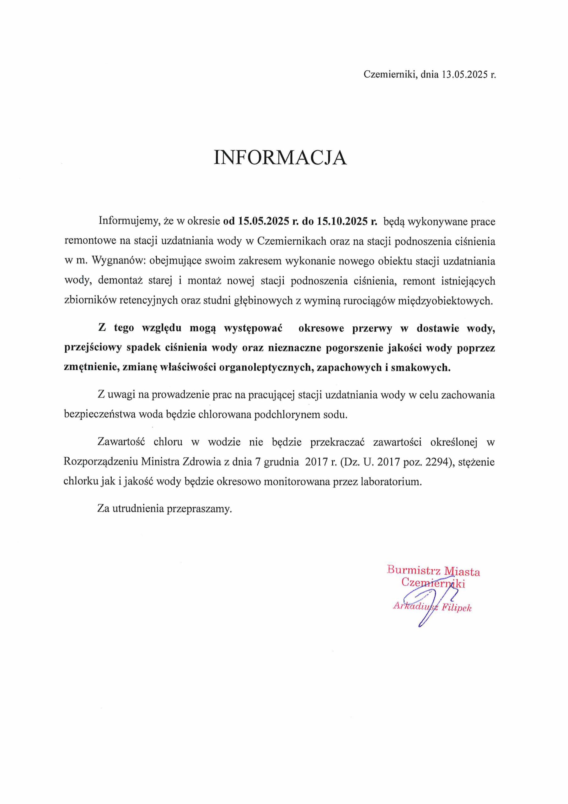 informacja o pracach trwających na ujęciu wody
