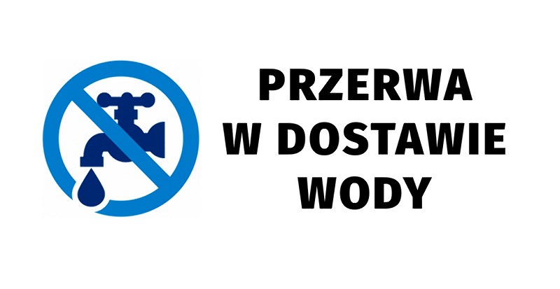 Grafika z napisem przerwa w dostawie wody białe tło czarne napisy po prawej stronie po lewej kran przekreślony