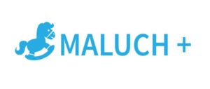 Logo programu MALUCH+ – niebieska grafika konika na biegunach obok napisu „MALUCH +” w kolorze niebieskim.